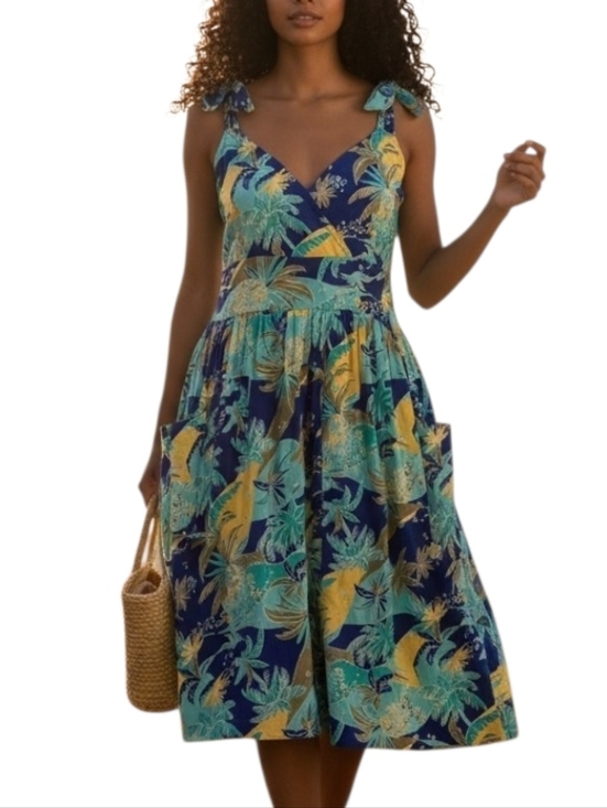 Tiki Palm Dresses & Skirts - Tiki Palm Tropical Print Sundress Palm Leaf Tie Strap Lightweight Dress XL